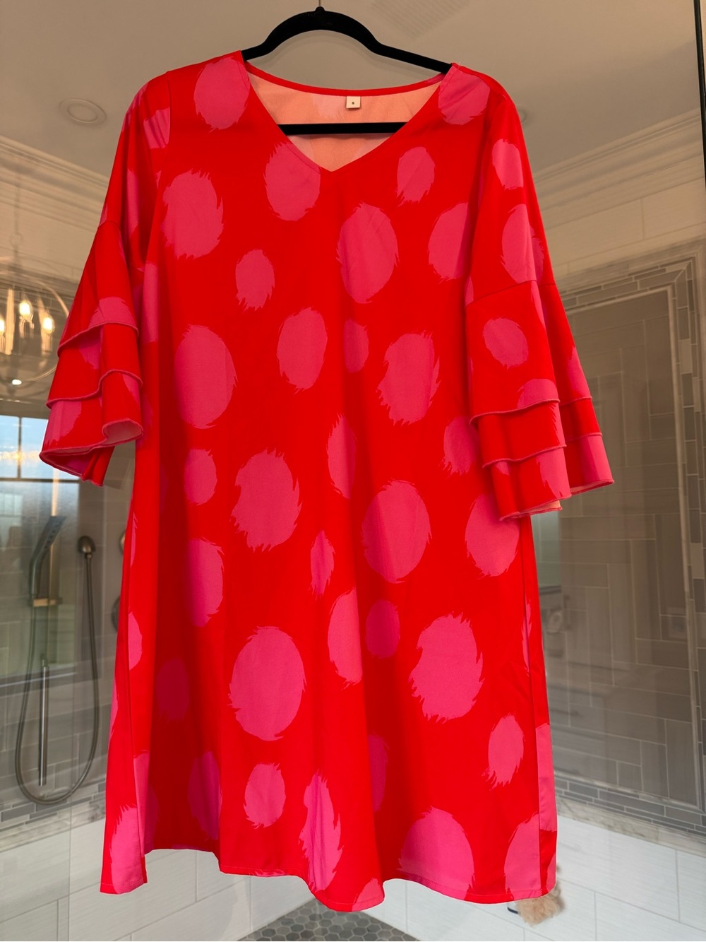 Bright Red Shift Dress with Pink Polka Dots